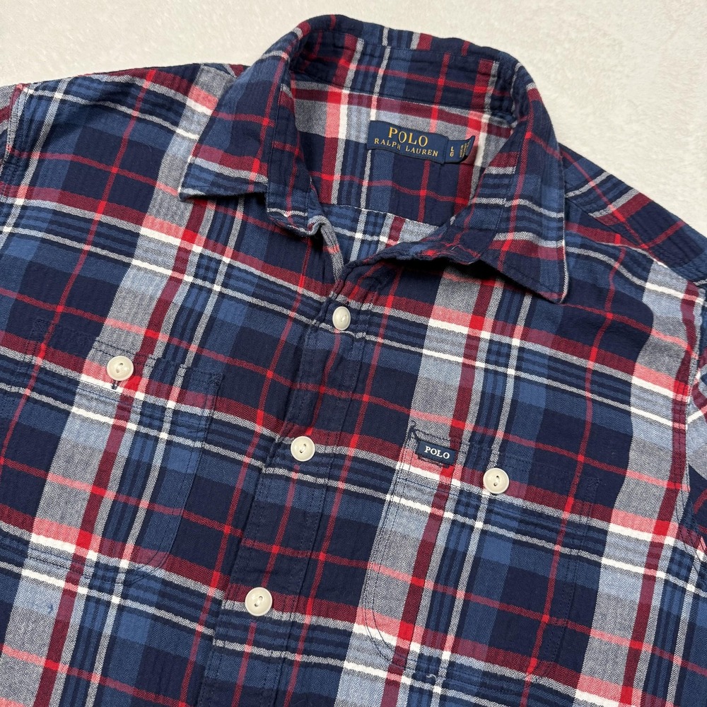 Polo Ralph‎ Lauren Shirt Mens Large Blue Plaid Short Sleeve Button Front Casual